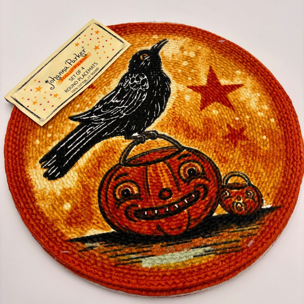 Johanna Parker Halloween Set of 4 Round Placemats 15in Cotton Crow Pumpkin